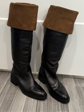 Zara Black Leather Over-the-Knee Boots with Brown Cuff